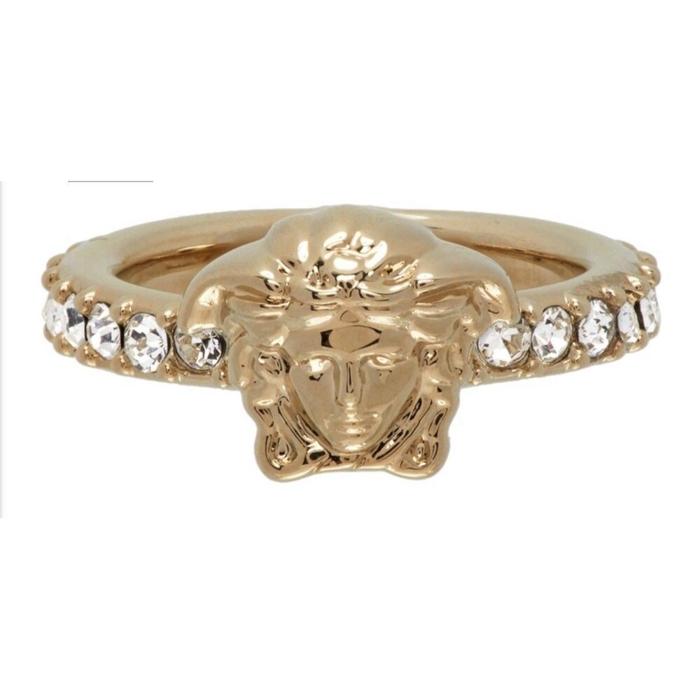 New Versace La Medusa Head Logo Swarovski Crystal Band Gold Ring 21 US 9 Cert